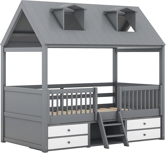 Merax Twin Size House Bed Frame with Full-Length Fence and 4 Storage Drawers, Kids Playhouse Tent Bed with Roof and 2-Step Ladder for Children Boys Girls Teens Bedroom, Solid Wood Slats Support, Gray