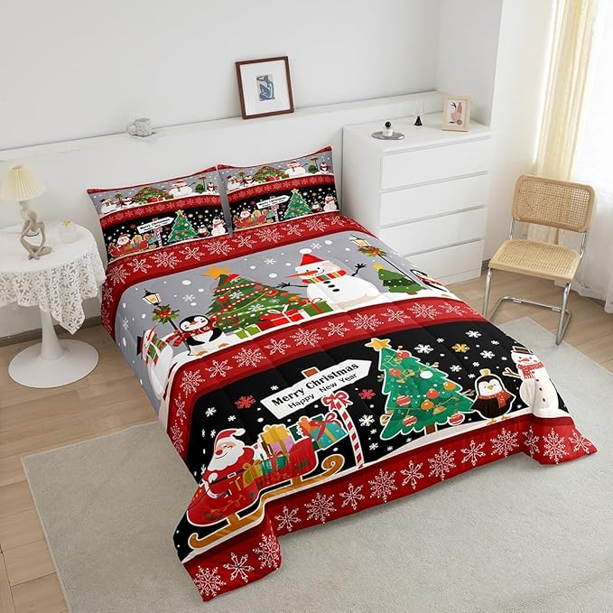 Erosebridal Christmas Tree Decor Quilts Cartoon Snowman Comforter Set for Teens Kids Boys Xmas Deer Elk Santa Claus Bedding Set for New Year Snowflake Red and Black Duvet Insert Queen Size