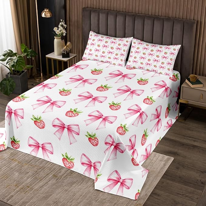 Pink Bowknot Kids Bedspread King Size,Strawberry Summer Fruit Toddler Coverlet Set,Girls Women Room Decor,Bow Tie Butterfly Knot Princess Quilted Coverlet,Cartoon Cute Bedding Quilt,2 Pillowcases