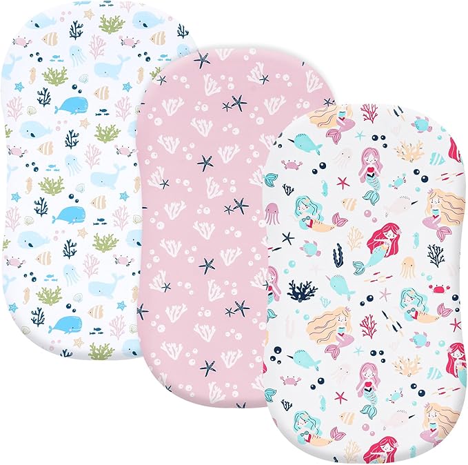PHF 3 Pack Soft Bassinet Sheets, Mermaid Breathable Comfy Cradle Sheets for Baby Girls, No Slip Universal Fit for Most Cradle and Bassinet Mattress, Mermaid