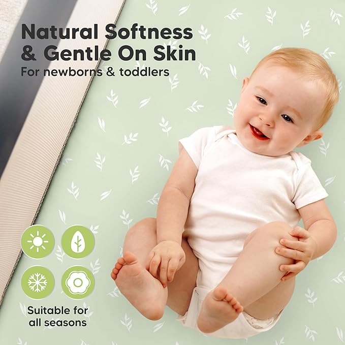 2-Pack Pack and Play Sheets, Waterproof Mini Crib Sheets Fitted - Organic Cotton Pack N Play Sheets for Graco Pack and Play Mattress, Playard Baby Crib Sheets, Neutral for Boy, Girl, Toddler (Herb)