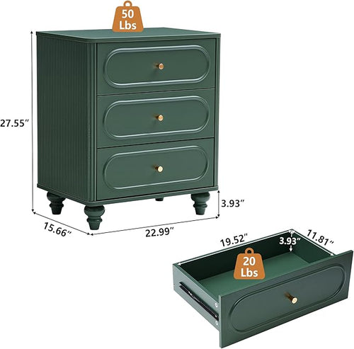 3 Drawer Fluted Dresser for Bedroom Set of 2, Mid Century Modern Chest of Drawers, Wood Storage Small Dresser Organizer for Bedroom Living Room Hallway Closet, Green