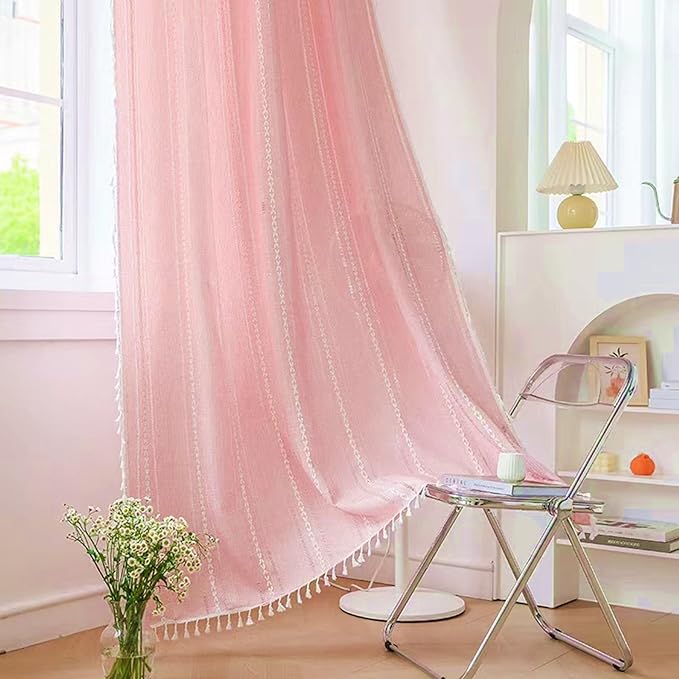 Deeprove Pink Boho Curtains 96 Inches Long for Bedroom Living Room Nursery, Bohemian Chic Textured Embroidery, Vintage Handmade Tassels Country Decor Drapery, Rod Pocket, 1 Panel W52 x L96, Blush