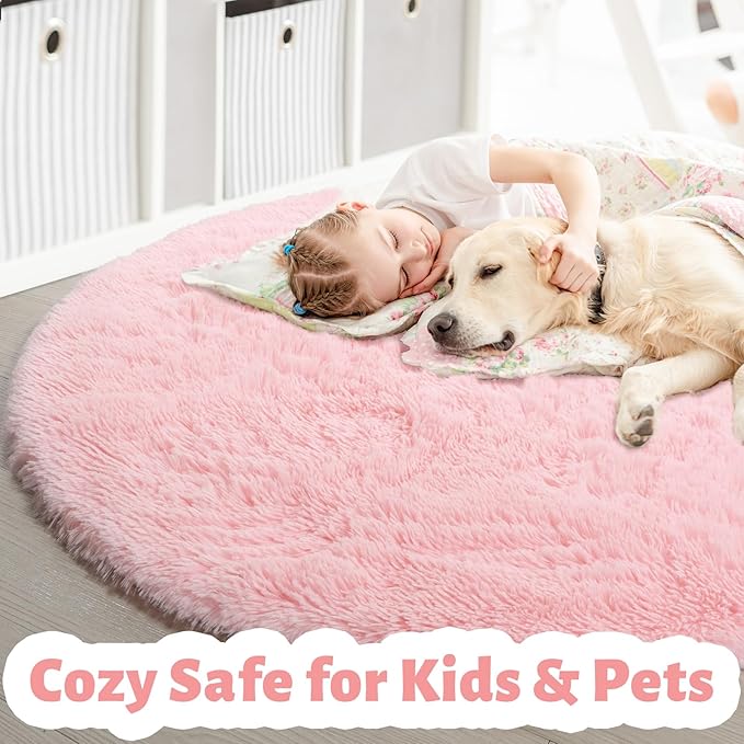 Pink Round Area Rugs 6Ft for Bedroom Living Room, Big Fluffy Shag Circle Rug for Kids Playroom, Cute Preppy Room Decor for Teen Girls, Cozy Fuzzy Furry Plush Carpets for Baby Nursery, Dorm, Classroom