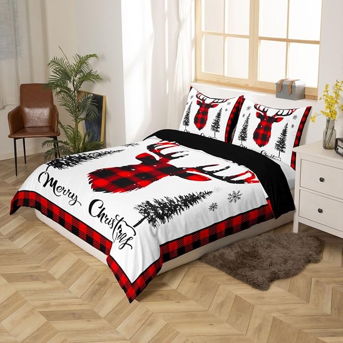 jejeloiu Christmas Bedding Set for Kids Boys Girls Xmas Deer Elk Antlers Comforter Cover Set King Size Buffalo Check Grid Duvet Cover Bedroom Decor Xmas Bedding Collection 3Pcs