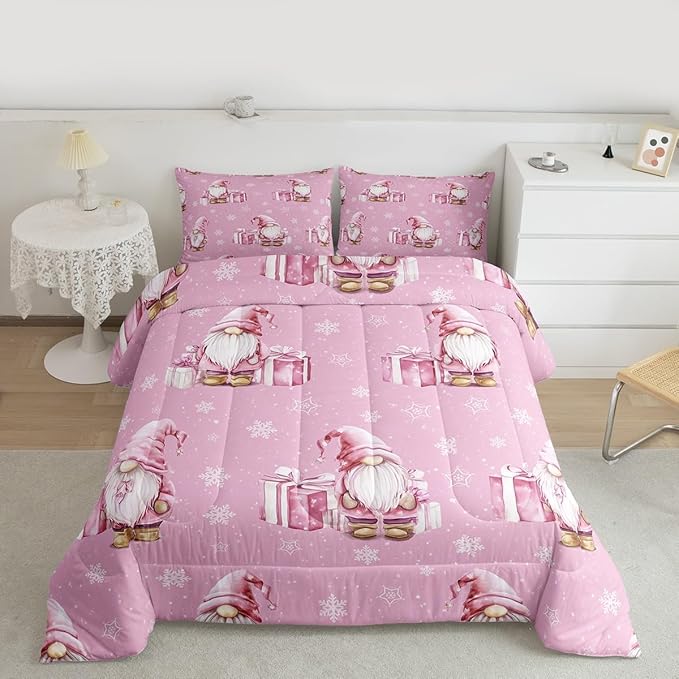 Feelyou Pink Christmas Bedding Set Soft for Boys Girls, Scandinavian Christmas Santa Gnomes Comforter Set Twin Size Xmas Snowflake Duvet Quilt Bedroom Decor 2 Pcs with 1 Pillow Cases