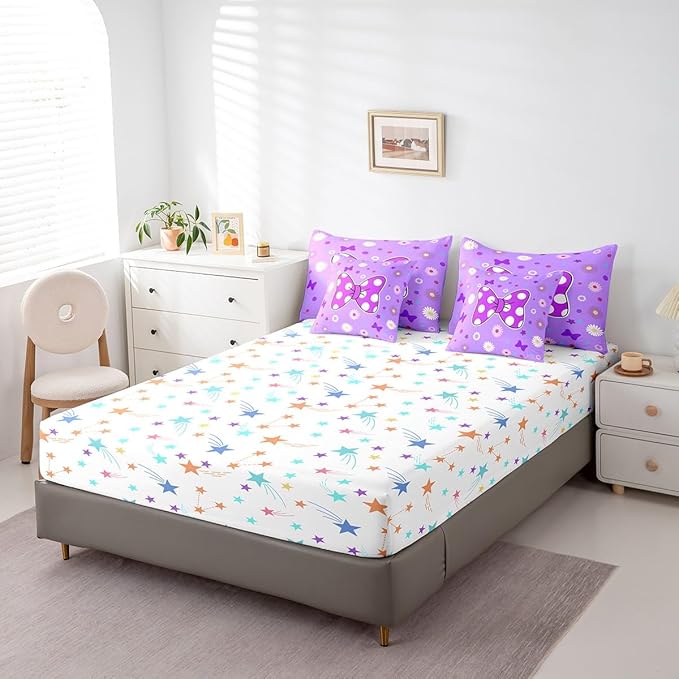 7 Pieces Purple Bowknot Kids Comforter Set King,Star Daisy Floral Geometric Dots Patch Bedding Set,Bow Tie Princess Cute Romantic（Comforter+Fitted+Flat Sheet+2 Pillowcases+2 Throw Pillow Covers）