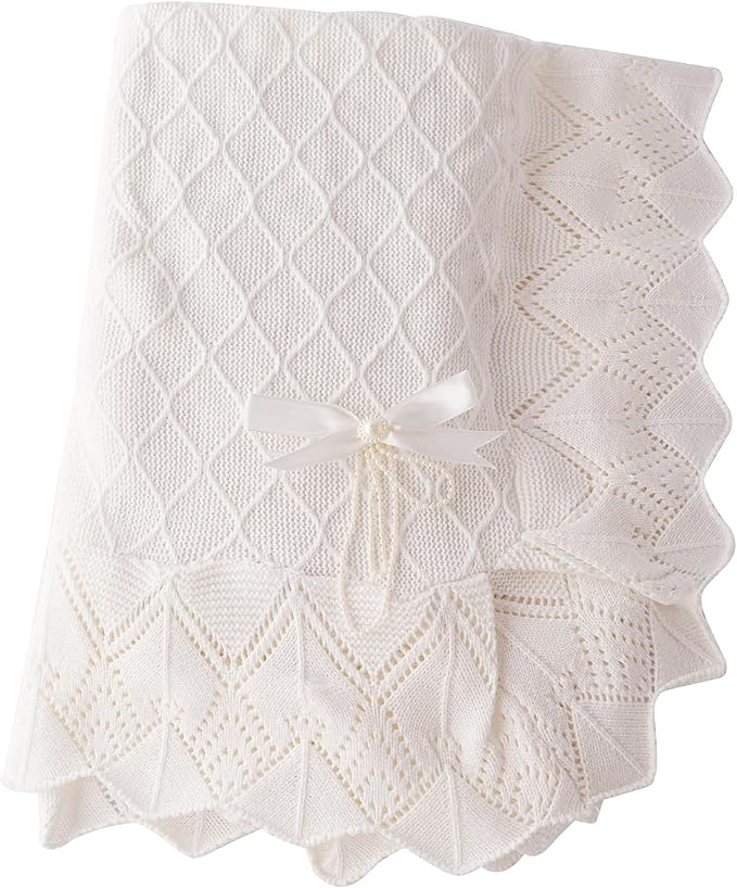 Booulfi Knit White Baby Blankets Neutral,Crib Stroller Newborn Blankets for Boys Girls,Cotton Lace Crochet Winter Blanket Nursery Blanket New Baby Essentials, 38X39