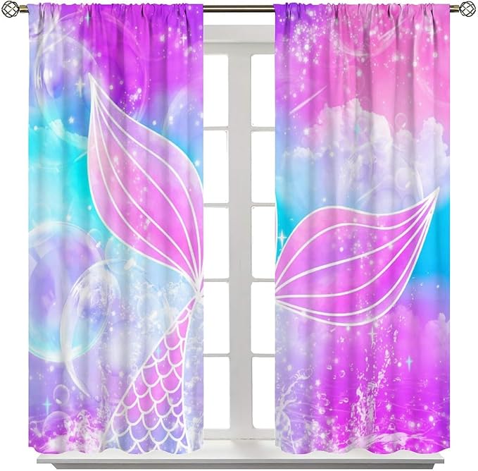 Suitable for Girls Mermaid Curtains, Rainbow Pink Purple Mermaid Tail Fish Scales Fantasy Ocean Print Curtains for Living Room Children Baby Room Nursery, 52x84 Inches
