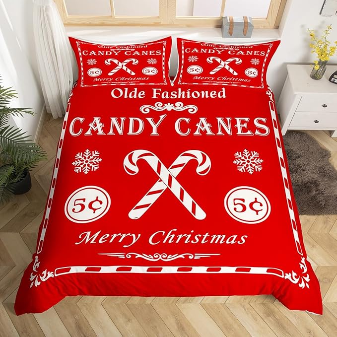 jejeloiu Christmas Bedding Set for Kids Boys Girls Christmas Quote Comforter Cover Set King Size Candy Canes Print Duvet Cover Bedroom Decor Xmas Red Bedspread Cover Bedding Collection 3Pcs