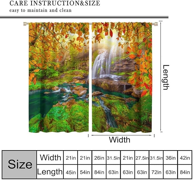 Waterfall Blackout Curtains, Waterfall Landscape Autumn Nature Leaves Forest Window Drapes, for Bedroom Living Room 42" W X 63" L