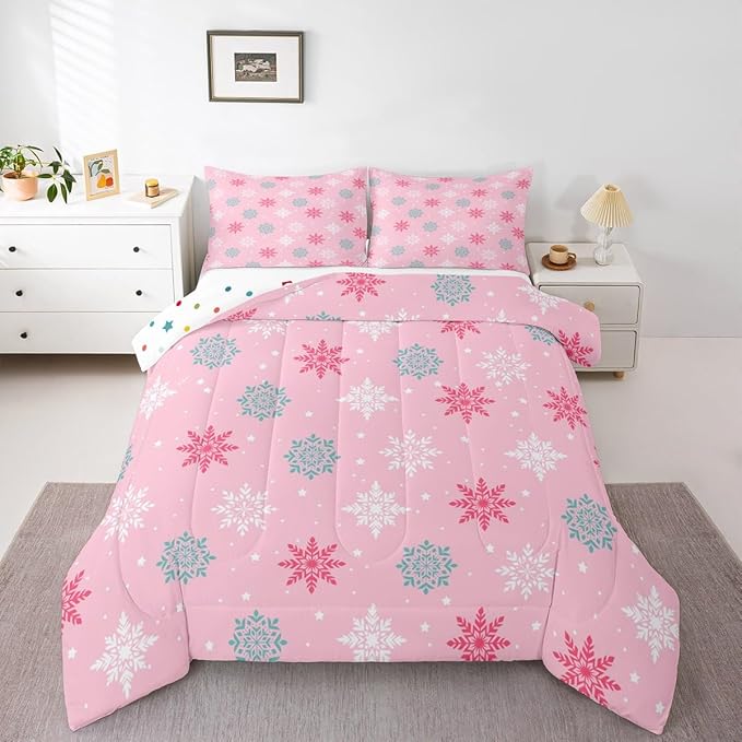 Feelyou Winter Snowflakes Bedding Set Soft for Boys Girls, Winter Holiday Comforter Set Full Size Frozen Snowflake Duvet Quilt Microfiber Pink Bedroom Decor 3 Pcs with 2 Pillow Cases