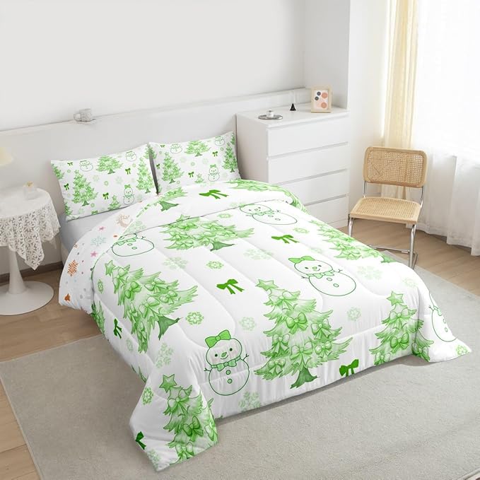 Feelyou Merry Christmas Comforter Set All Season Cute Snowman Bedding Set with 2 Pillow Cases Cartoon Bowknot Microfiber Kids Queen Bedclothes Christmas Tree Duvet Quilt Breathable Soft Lightweight