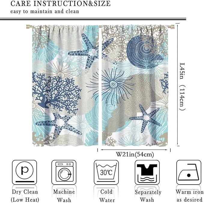 Coastal Curtains Ocean Beach Themed Room Darkening Window Curtain Nautical Coral Decor Curtain for Bedroom Living Room Bathroom Nursery Set 2 Panels,42x45 Inches