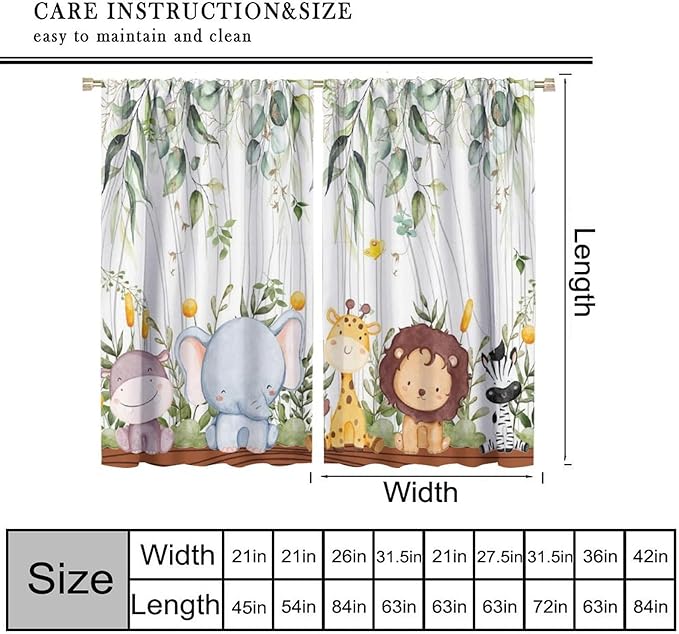 YCness Forest Animal Curtains, Watercolor Wild Animal Bear Fox Deer Kids Window Treatments for Living Room Bedroom, Green Woodland Tree Kids Drapes 2 Panel Sets,72x63 Inch