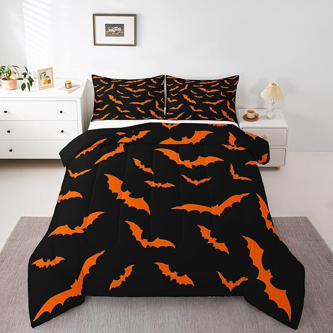 Erosebridal Happy Halloween Quilt Queen Size for Kids Boys Bats Animal Silhouette Comforter Set Orange Bats Animal Bedding Set Gothic Spooky Down Comforter with 2 Pillow Cases