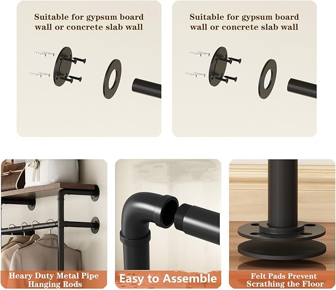 Industrial Pipe Clothes Rack,Wall Mounted Clothing Rack Wardrobe Multi-Purpose Storage Clothes Hanging Shelf-94.5''L Black