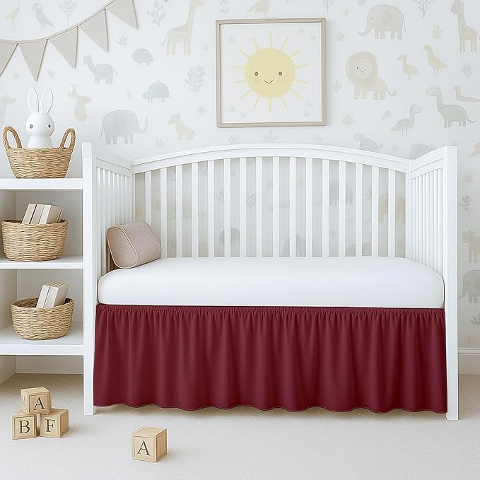 Cottington Lane Burgundy Crib Skirt Dust Ruffle, 100% Natural Cotton, Soft, Durable Nursery Crib Toddler Bedding Skirt for Baby Girls or Boys, Fits Standard Cribs 28" x 52" with 14" Drop
