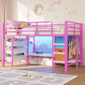 DICTAC Low Twin Size Loft Bed with Reading Corner and Bookshelf,Metal Twin Loft Bed with LED Lights,3 Sling Drawers&2 Movable Storage Bins,loft bed for Kids with 13.98"H Safety Guardrail & Stairs,Pink