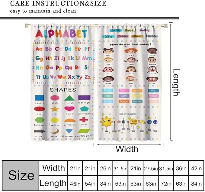 Kids Educational Alphabet Cartoon Curtain Solar System Shapes Cute Knowledge Printed Rod Pocket Blackout Window Drapes for Todders Nursery Baby Bedroom Living Room 72" W X 63" L