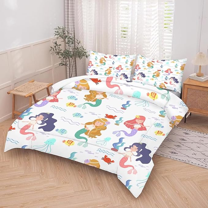 kxry Little Mermaid Princess Comforter Set King Size Fairy Tale Sea Shell Grass Bedding Sets for Girls Teens Kids Soft Microfiber Lightweight Comforter Set with 1 Comforter + 2 Pillow Cases