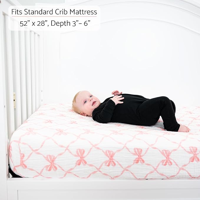 LollyBanks Muslin Crib Sheet 1 Pack, Soft and Breathable 100% Cotton Crib Fitted Sheets for Girls, Cozy and Snug Baby Sheet for Standard 52"x28" Mattress, Baby Bedding Essentials (Pink Bow Print)