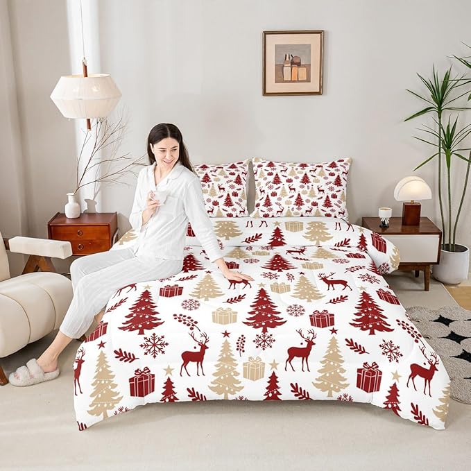 Feelyou Christmas Comforter Set All Season Xmas Tree Bedding Set with 2 Pillow Cases Reindeer Microfiber Kids Queen Bedclothes Snowflake Gift Bedroom Decor Duvet Quilt Breathable Soft Lightweight