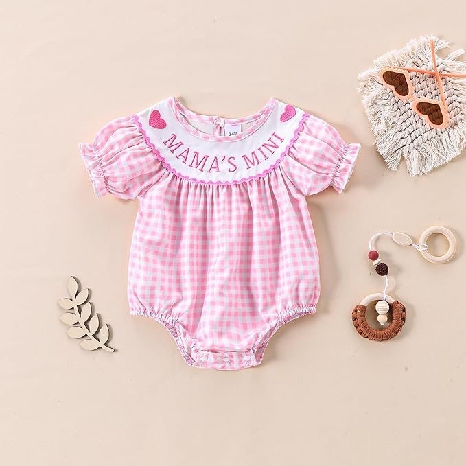 Newborn Baby Girl Romper Mamas Mini Bow Plaid Print Puff Sleeve Smocked Bubble Romper Jumpsuit Bodysuit Clothes