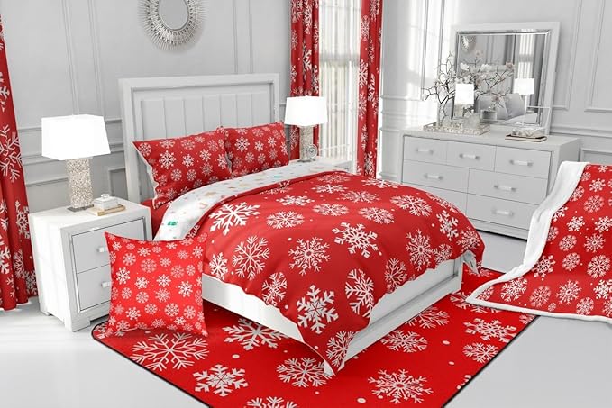 Feelyou Christmas Comforter Set All Season Winter Snowflake Bedding Set with 2 Pillow Cases Xmas Festival Microfiber Kids Full Bedclothes Snowflake Red Bedroom Decor Duvet Quilt Breathable Soft