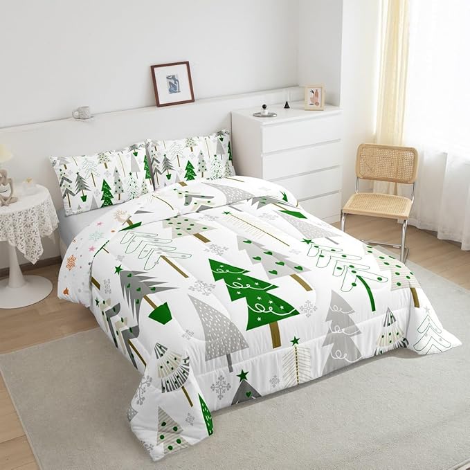 Castle Fairy Xmas Trees Comforter Set Queen Size,Merry Christmas Pine Hand Drawn Bedding Set for Women Adult,Green Plant Snowflakes Winter Luxury Bed Duvet Insert, 2 Pillowcases