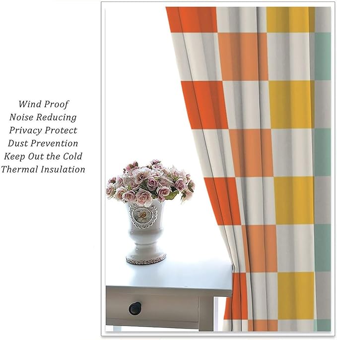 70s Retro Curtains,Cute Green Pink Yellow Checkered Hippie Window Treatments for Kids Girl Bedroom Window 42"" W X 54"" L, Style-7
