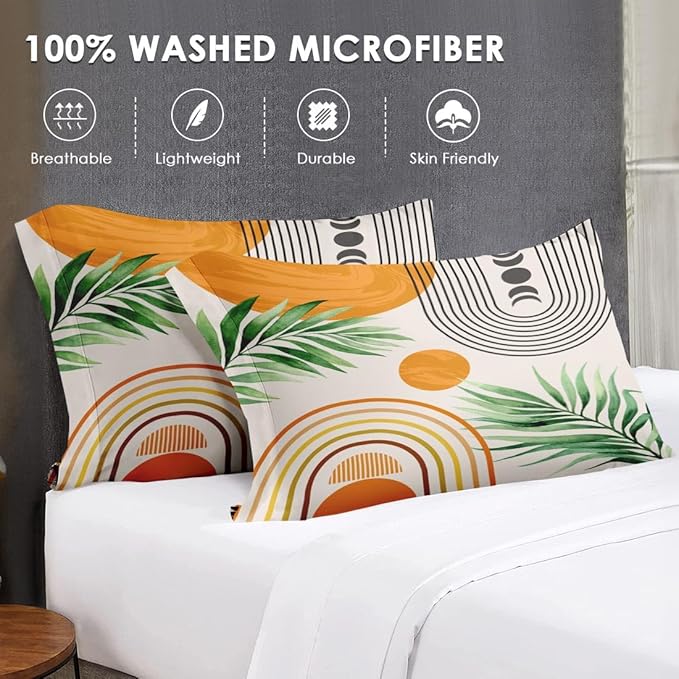 7 Pcs Full Size Comforter Set with 2 Pillowcases & 2 Shams, Contemporary Mid Century Bedding for Kids and Adults, Rainbow Sun Boho Geometric Bed in a Bag with Flat Fitted Sheet