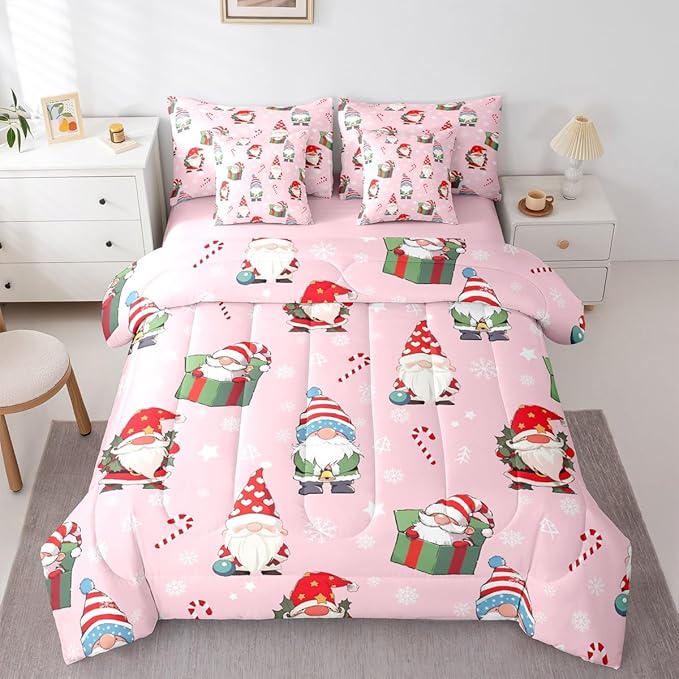 Feelyou Christmas Gnomes King Comforter Set with Sheets for Kids Boys Girls Cute Snowflakes Candy 7 Pieces Bedding Set Santa Claus Bed in a Bag Reversible Xmas Pink Decor Room Decor Soft Lightweight