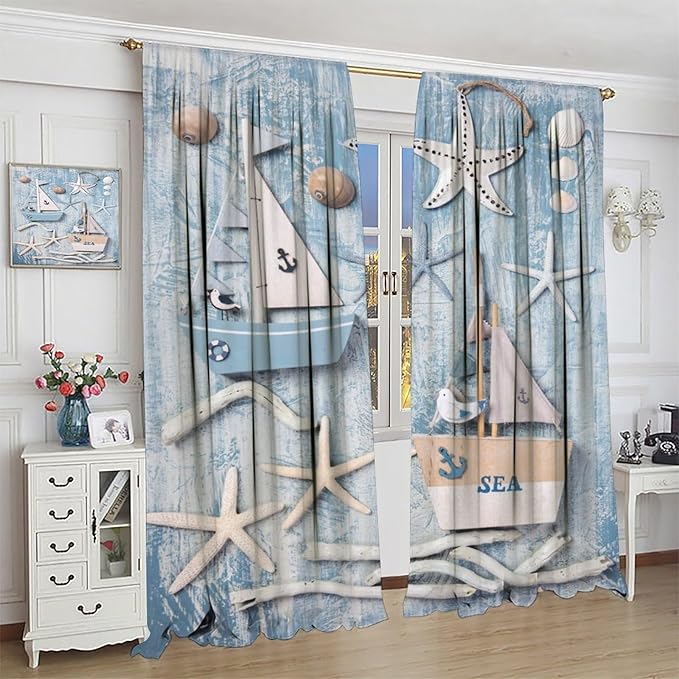 Nautical Curtain,Navy Anchor Sailing Map Starfish Seashells Bedroom Curtain,Waterproof Washable Fabric for Bedroom Decor Set 2 Panels,55x63 Inches