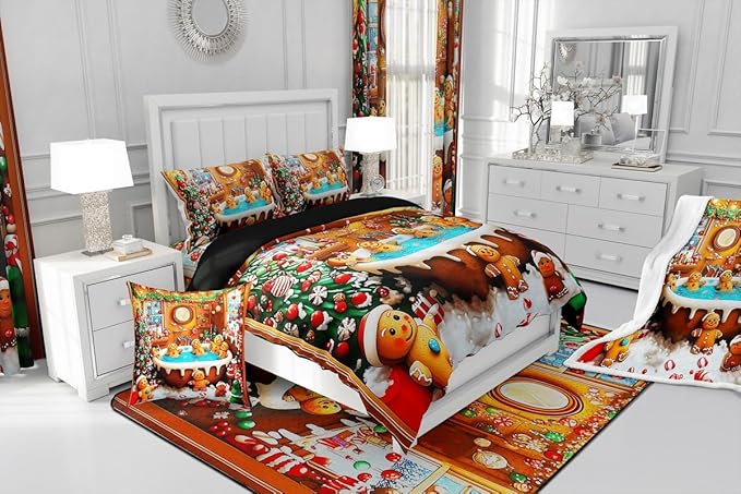 Feelyou Kids Christmas Gingerbread House Duvet Cover,Funny Gingerbread Man Bedding Set Full Size,Boys Girls Bedroom Room Decor,Merry Christmas Comforter Cover,Xmas Christmas Bedspread Cover