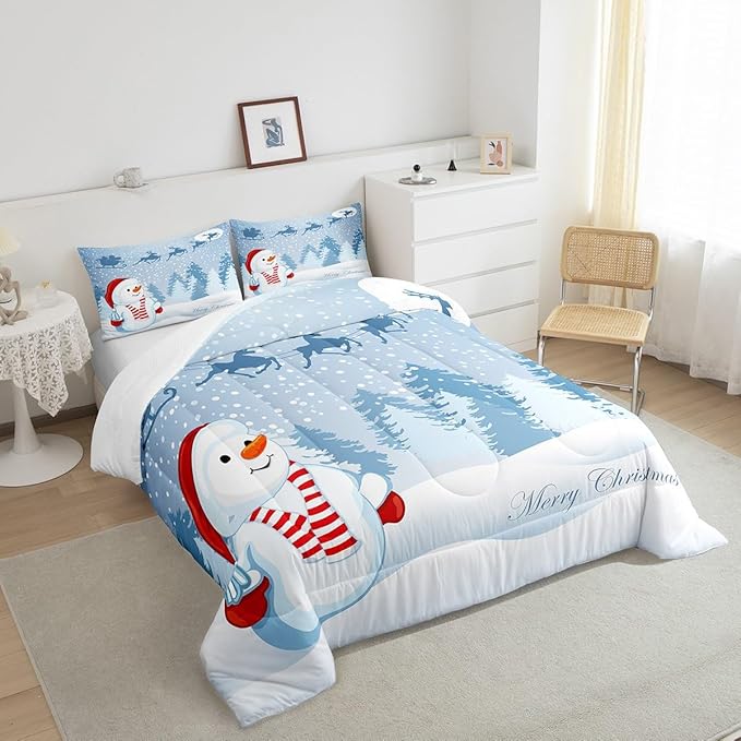 Manfei Snowman Comforter Set Queen Size, Xmas Deer Trees Print Quilt Set with 2 Pillowcases, Winter Snowflake Merry Christmas Bedding Set 3pcs for Kids Boys Girls Bedroom Decor