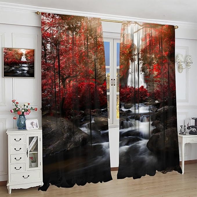 Nature Waterfall Blackout Curtains, Autumn Waterfall Romantic Forest Landscape Print Rod Pocket Window Drapes, for Bedroom Living Room 72" W X 63" L
