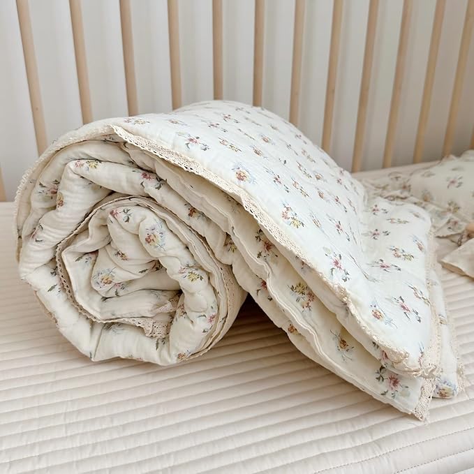 BuLuTu Muslin Nursery Blanket for Toddlers Girls Boys Baby Quilt Soft Cotton Toddler Blanket Crib Quilt for All Seasons, Lightweight Breathable, Washable, Azalea Pattern, 47x59 Inches