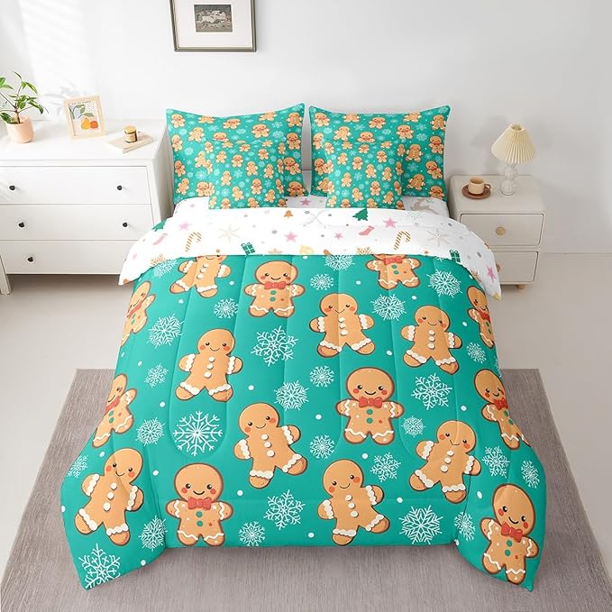 Erosebridal Christmas Gingerbread Twin Bedding Set 7 Piece,Cute Gingerbread Man Bed in A Bag for Kids,Xmas Snowflake Comforter Set Kawaii Xmas Sheet Set with Comforter,Green Christmas Decoration