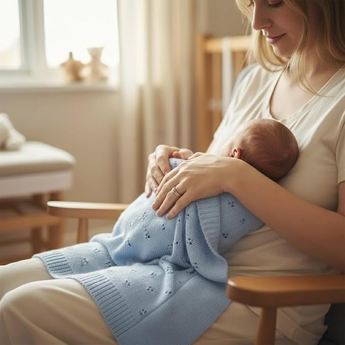 Baby Knit Blanket, 100% Cotton Eyelet Patterns, Soft, Cozy, Lightweight Swaddle for Newborn & Infant Swaddling Beige Neutral, Perfect Baby Shower Ideas Baby Blue 28x36