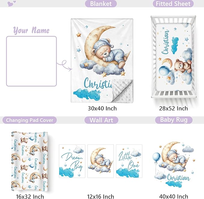 Personalized Baby Crib Bedding Set, 5 Pcs Custom Name Nursery Bedding Set for Girls Boys, Blue Moon Bear Baby Crib Set for Toddlers Infants, Double Layer Bedding Crib Sets Customized Gifts