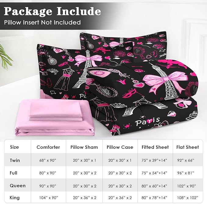 7 Pcs Queen Size Comforter Set with 2 Pillowcases & 2 Shams, Paris Eiffel Tower Bedding for Kids and Adults, Cute Pink Makeup Fashion Dress Bed in a Bag with Flat Fitted Sheet