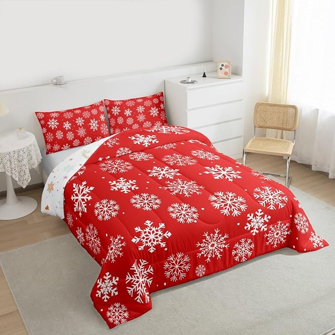 Feelyou Christmas Comforter Set All Season Winter Snowflake Bedding Set with 1 Pillow Cases Xmas Festival Microfiber Kids Toddler Bedclothes Snowflake Red Bedroom Decor Duvet Quilt Breathable Soft