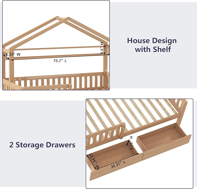 Aoowow Twin Size House Bed with Storage Drawers and Shelf,Kids Wooden Bed Frame Twin Platform Bed with Slats and Fence for Boys Girls Teens for Bedroom(Natural)