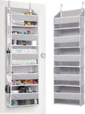 ULG 1 Pack Over Door Organizer with 5 Large Pockets 10 Mesh Side Pockets, 44 lbs Weight Capacity Hanging Storage Organizer with Clear Window for Kids Toys, Shoes, Diapers, Grey, 5 Layer