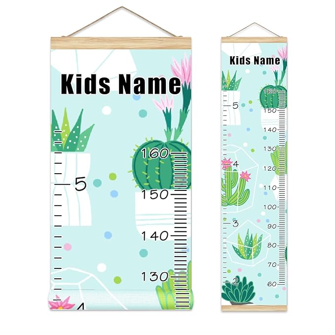 Personalized Kids Name Growth Chart Ruler for Wall Wood Frame Height Measure Chart 13.4x56 in Linen Hanging Height Growth Chart Cactus Green Kids Room Decor