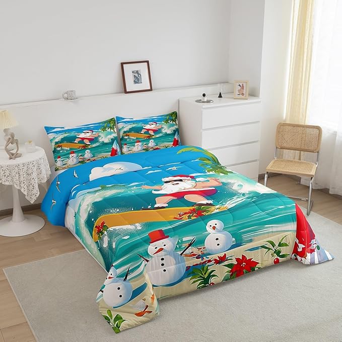 Manfei Christmas Comforter Set Queen Size, Santa Claus Surfing Theme Bedding Set for Kids Boy Girl Room Decor, Beach Snowman Down Comforter for All Season, Soft Polyester Quilt Set, 2 Pillowcases