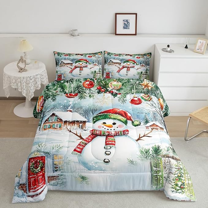 Castle Fairy Merry Christmas Comforter Set Twin Size,Watercolor Cute Snowman Pine Trees Bedding Set for Kids Boys Men,Xmas Cartoon Decor Natural Quilted Duvet Set with 1 Pillowcase
