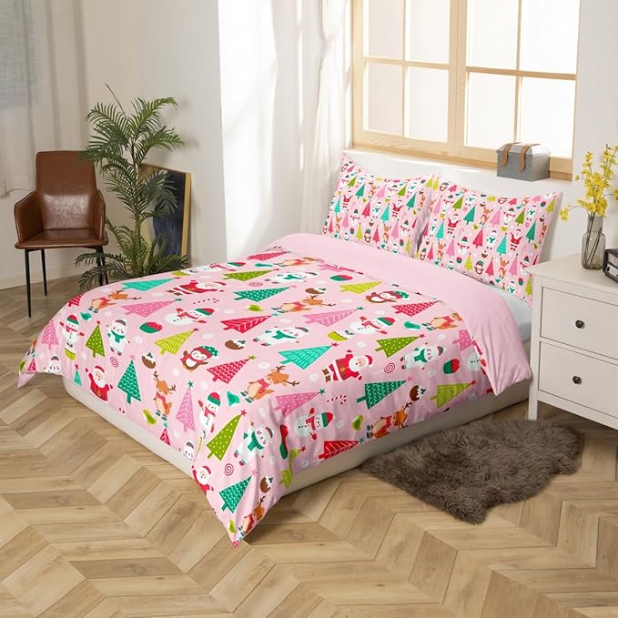 Christmas Bedding Set for Kids Boys Girls Cute Santa Claus Deer Comforter Cover Set Pink Christmas Tree Duvet Cover Bedroom Decor Kawaii Xmas Theme Bedspread Cover Twin Size Bedding Collection 2Pcs