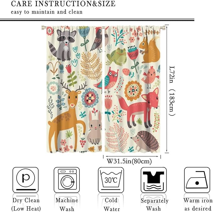 Kids Baby Woodland Blackout Curtains,Forest Animals Plants Cartoon Funny Colorful Deer Fox Owl Pattern Thermal Insulation Window Drapes for Boys Girls Children's Bedroom 63x72in
